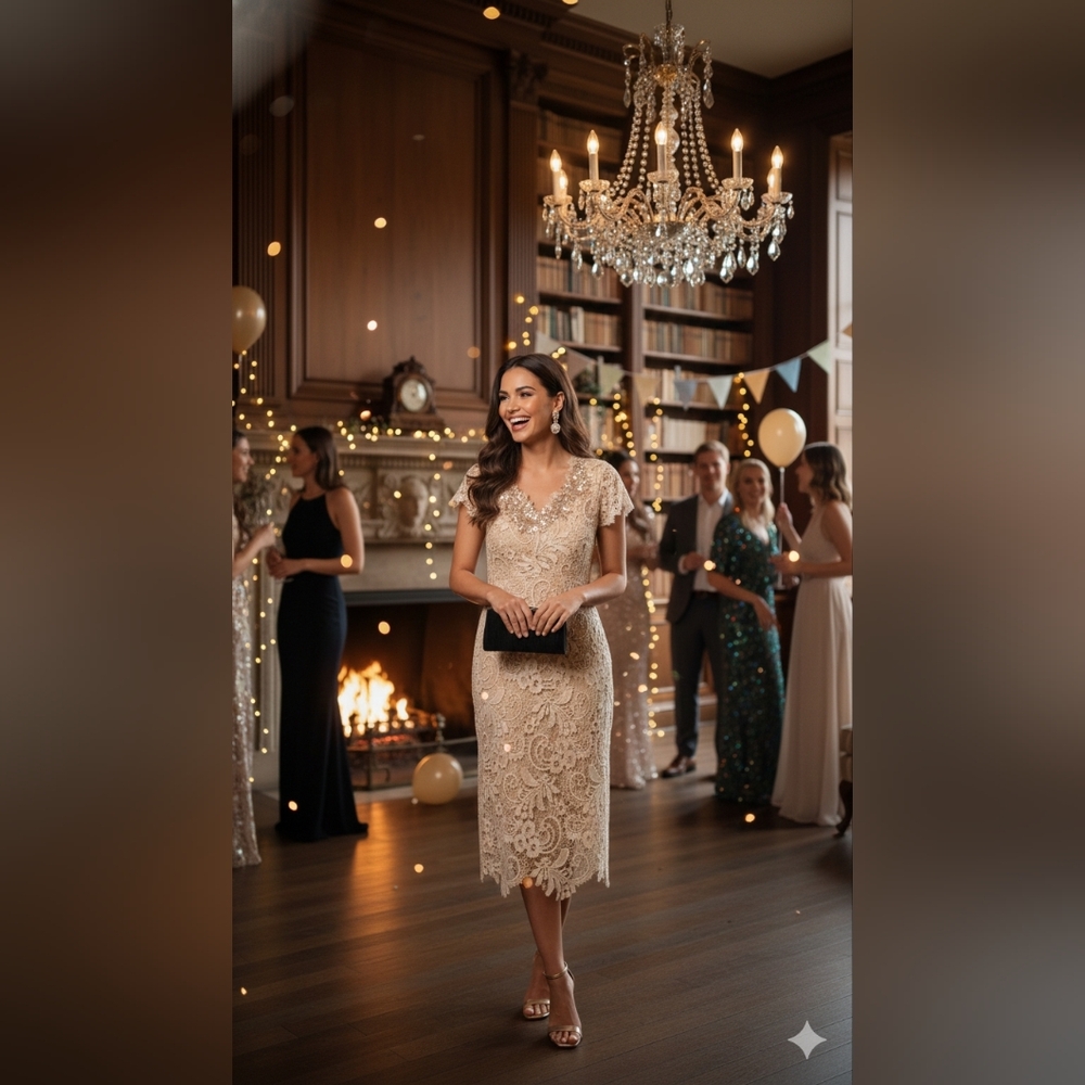 NWT Johnny Was Size 6 RARE Ivory Lace & Sequin Cocktail Midi Dress